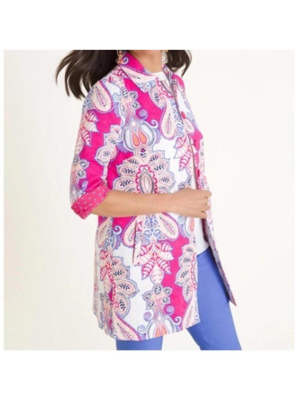 NWT chico's pleat back open jacket pink whites 1 small adorb